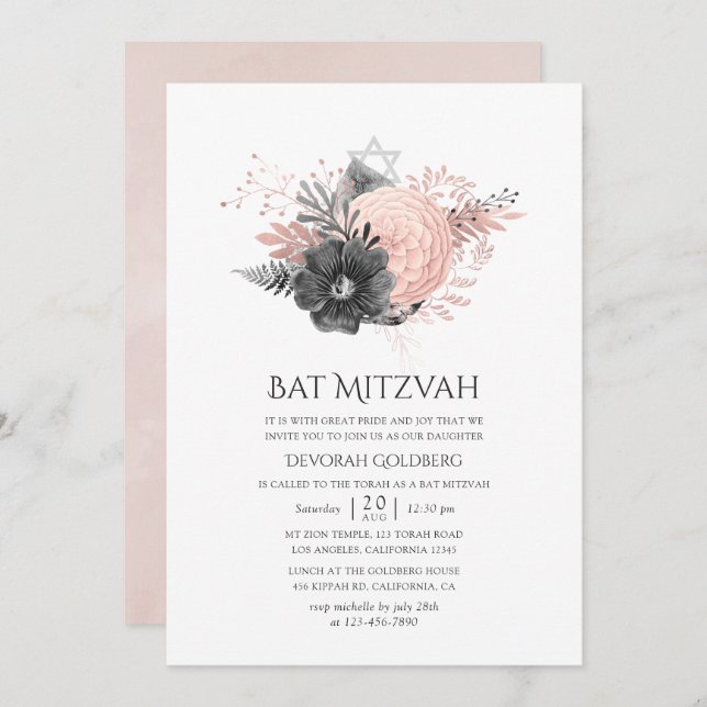 Convites Pastel Blush Pink e Carvão Floral Bat Mitzvah (Frente/Verso)