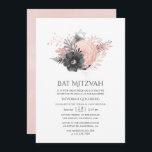 Convites Pastel Blush Pink e Carvão Floral Bat Mitzvah<br><div class="desc">Rosa pincelada russa e carvão negro vintage aquarela cor-de-água morcego floral mitzvah convite com tons de ouro rosa.</div>