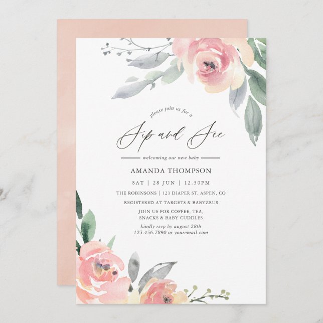 Convites Pastel Blush Pink Floral Sip e Consulte Partido (Frente/Verso)
