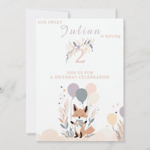 Convites Pastel Boho Baby Fox e Balões Aniversário