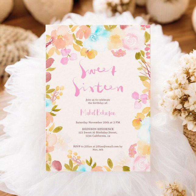Convites Pastel boho floral aquarela Sweet 16 (Pastel boho floral watercolor script Sweet 16 Invitation)