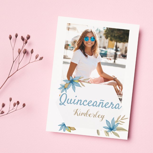 Convites Pastel brown blue flower Photo Quinceañera Party (Pastel brown blue flower Photo Quinceañera Party)