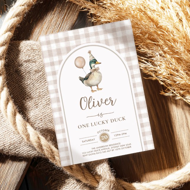 Convites Pastel Brown One Lucky Duck Balloon primeiro anive (Criador carregado)