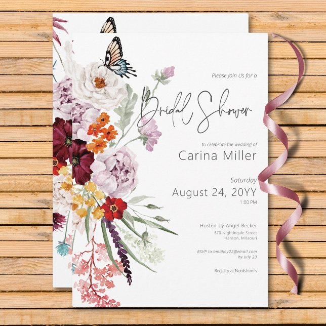 Convites Pastel & Burgundy Blooms Floral Chá de panela (Pastel & Burgundy Blooms Floral Bridal Shower Invitation)