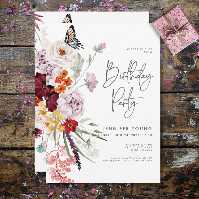 Convites Pastel & Burgundy Blooms Moderno Floral Aniversári (Pastel & Burgundy Blooms Modern Floral Birthday Invitation)