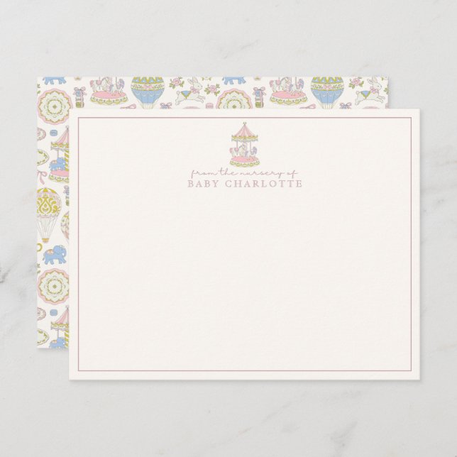 Convites Pastel Carousel Nursery Note Card (Frente/Verso)