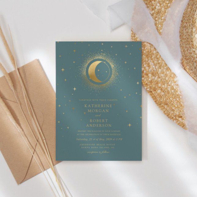 Convites Pastel Celestial Dourado Casamento da Lua (Criador carregado)