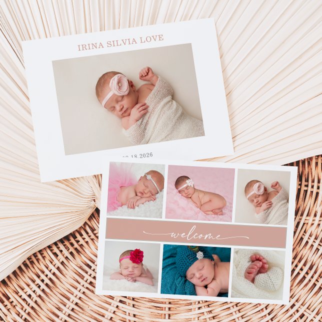Convites Pastel Chic Baby Photo Collage Announcement Card (Criador carregado)