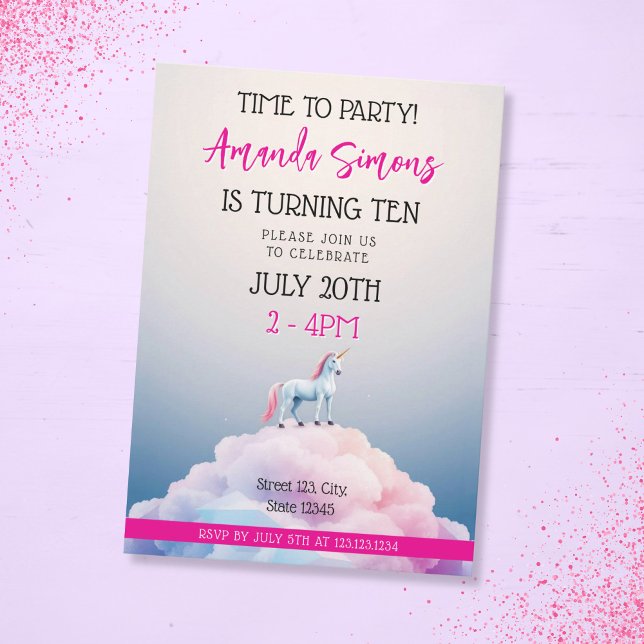 Convites Pastel Cloud Unicorn Dreamscape Girl 10th Birthday (Criador carregado)