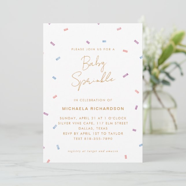 CONVITES PASTEL CONFETTI BABY SPRINKLE MODERN MINIMAL | (Em pé/Frente)