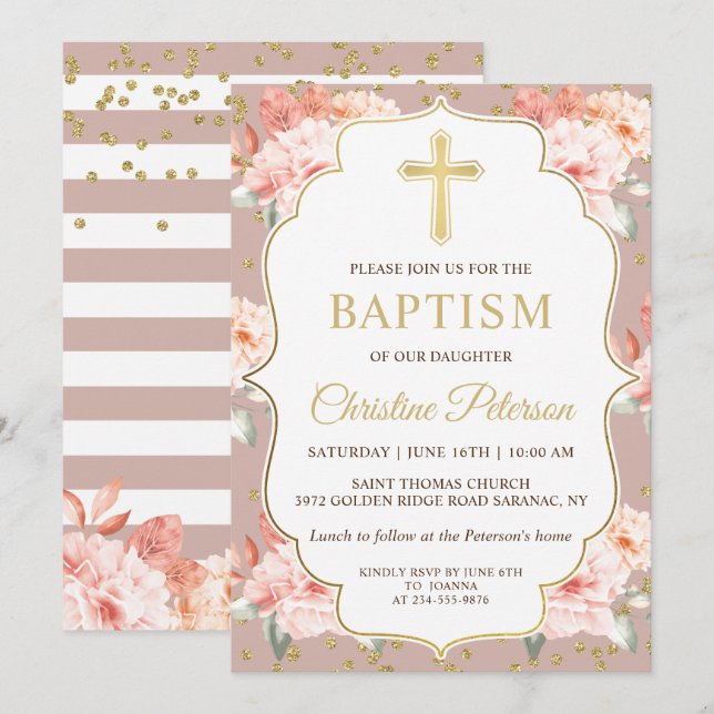 Convites Pastel Coral Floral Dourada Cross Girl Baptism (Frente/Verso)