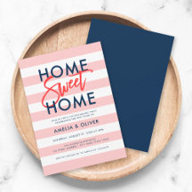 Pastel Coral Pink Stripes Blue Housearming Party