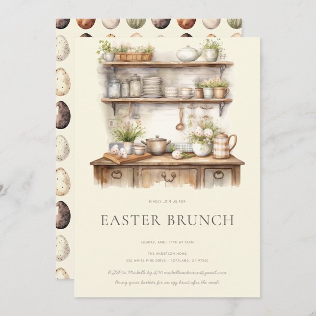 Convites Pastel Cream & Brown Vintage Kitchen Easter Brunch (Frente/Verso)