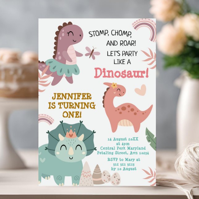 Convites Pastel Cute Dino Primeiro Dinossauro de Aniversári (Criador carregado)