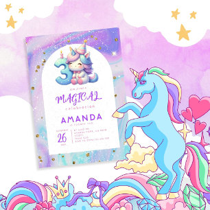 Convites Pastel Cute Unicorn aniversário de 3 anos