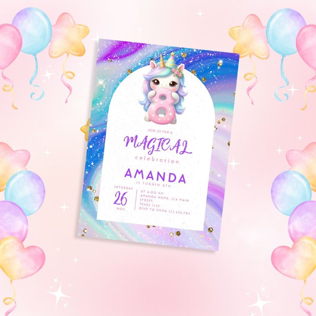 Convites Pastel Cute Unicorn Girl oitavo aniversário (Criador carregado)