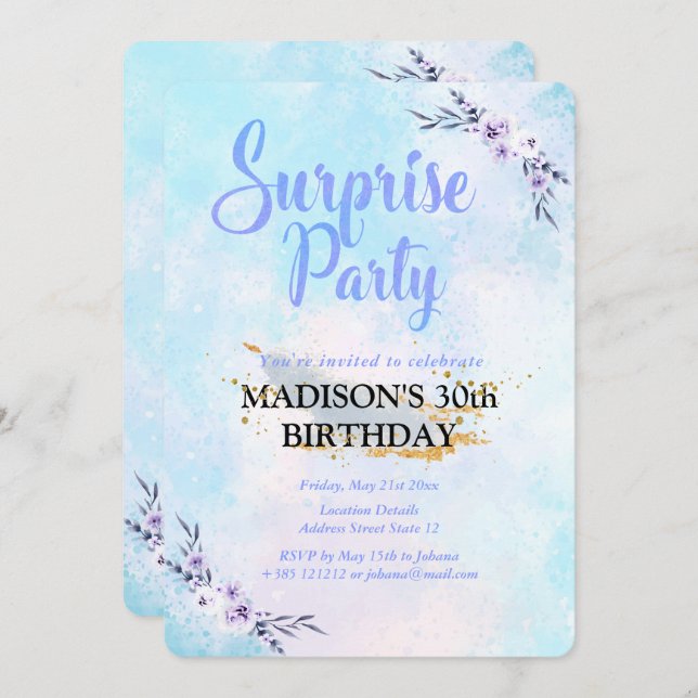 Convites Pastel de Aquarela de Parte Surpresa (Frente/Verso)