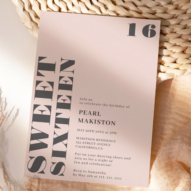 Convites Pastel de cinza simples, preto, de 16 anos (Bold simple gray pastel pink sweet 16 birthday invitation)