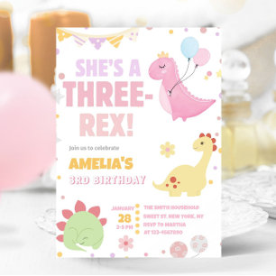 Convites Pastel Dinosaur aniversário de 3 anos Rosa Três Re