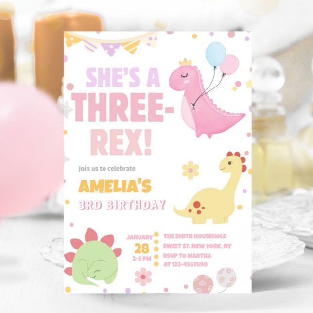 Convites Pastel Dinosaur aniversário de 3 anos Rosa Três Re (Criador carregado)