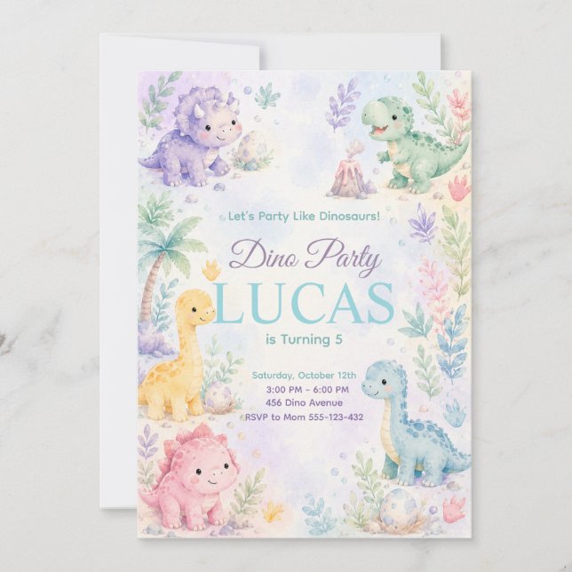 Convites Pastel Dinosaur Birthday Invitation Editable (Frente)
