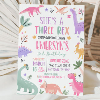 Convites Pastel Dinosaur - Rapariga de Aniversário Três Rex