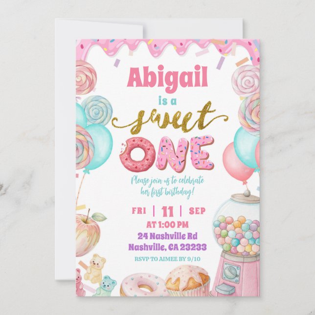 Convites Pastel Donut SweetOne First Birthday party Invitat (Frente)