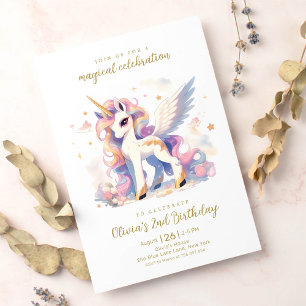 Convites Pastel Dourado Unicorn e Rainbow Magical Birthday