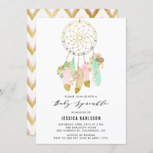 Convites Pastel Dreamcatcher Faux Gold Foil Baby Sprinkle