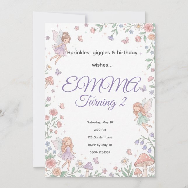 Convites Pastel Fairy Garden Birthday Invitation | Editable (Frente)