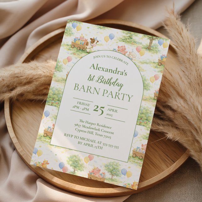 Convites Pastel Farm Animals Barn Party 1st Birthday (Criador carregado)