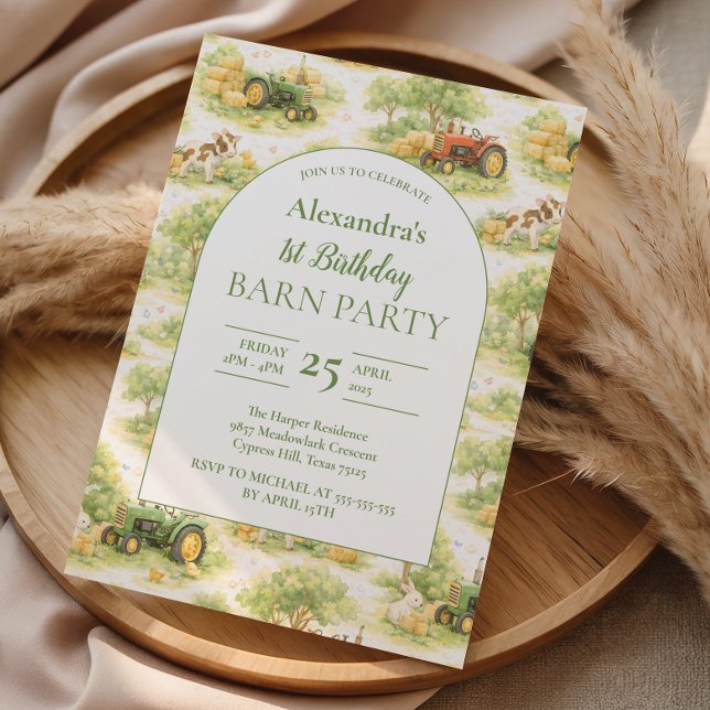 Convites Pastel Farm Tractor Barnyard 1st Birthday (Criador carregado)