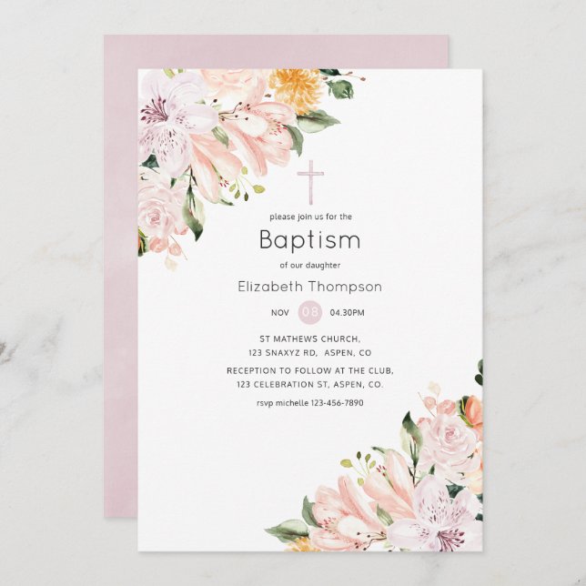 Convites Pastel Floral Baptism (Frente/Verso)