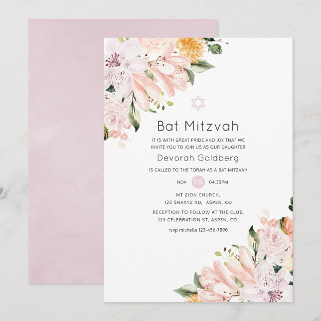 Convites Pastel Floral Bat Mitzvah (Frente/Verso)