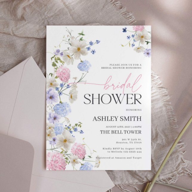 Convites Pastel Floral Chá de panela (floral pastel bridal shower invitation with blush and purple flowers)