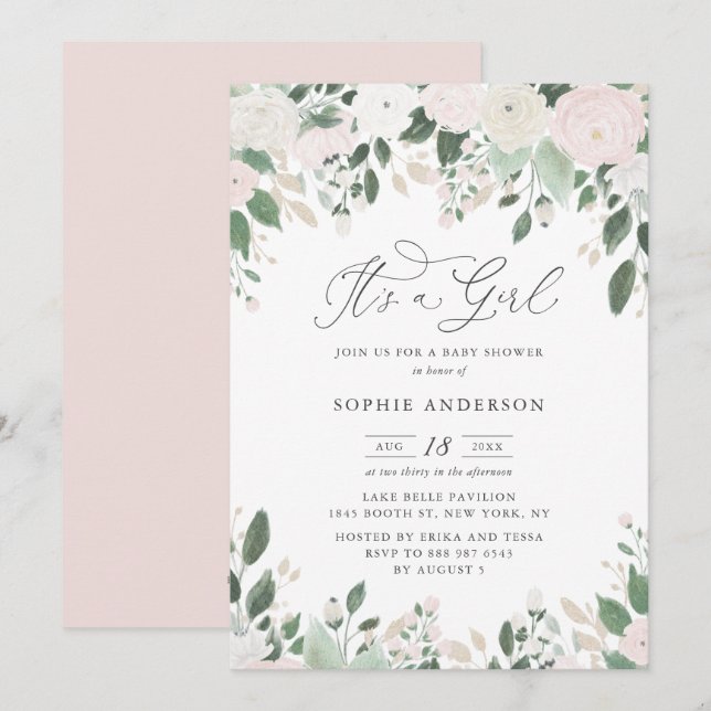 Convites Pastel Flowers Glitter É uma Chá de fraldas (Frente/Verso)