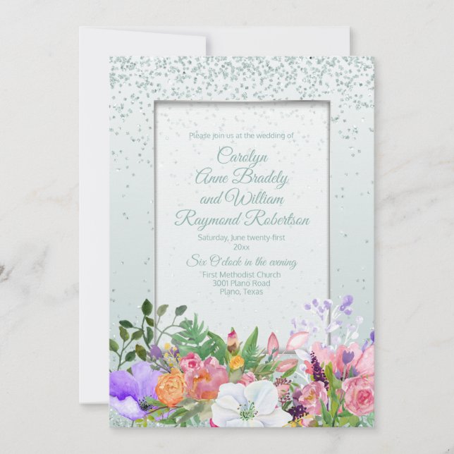 Convites Pastel Garden Glittery Mint Wedding Invitati (Frente)