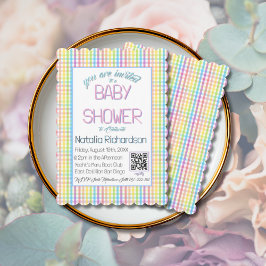 Convites Pastel Gingham Rainbow Baby Shower