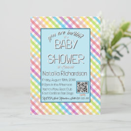 Convites Pastel Gingham Rainbow Baby Shower Blue
