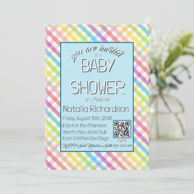 Convites Pastel Gingham Rainbow Baby Shower Blue (Em pé/Frente)
