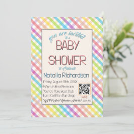 Convites Pastel Gingham Rainbow Baby Shower Pink