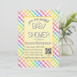 Convites Pastel Gingham Rainbow Baby Shower Yellow