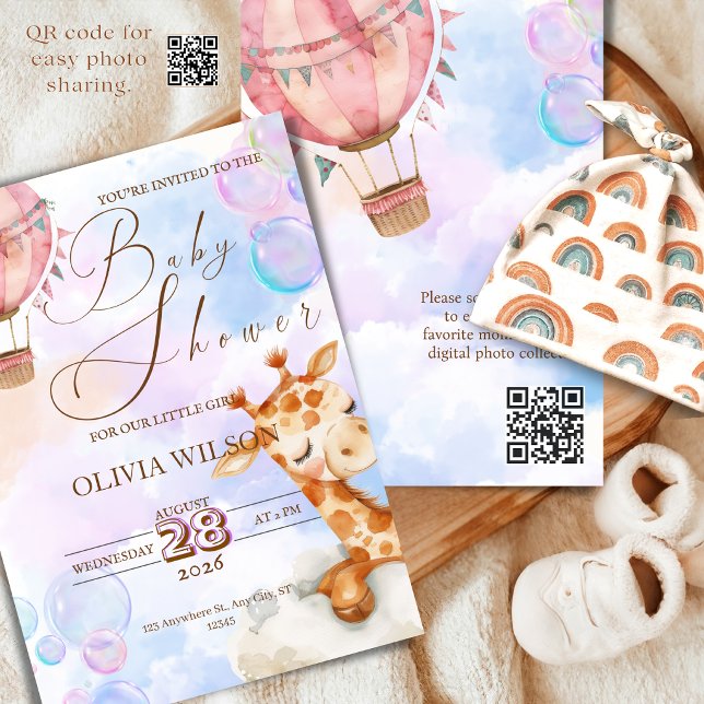 Convites Pastel Giraffe Baby Shower Invitation with QR Code (baby shower qr code)