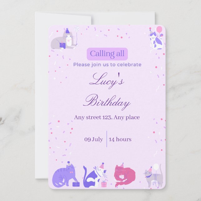 Convites Pastel Girl Cat Invite (Frente)
