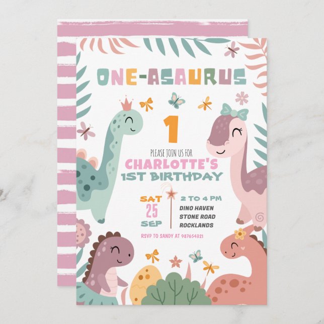 Convites Pastel Girl Dinosaur 1st Birthday Invitation (Frente/Verso)