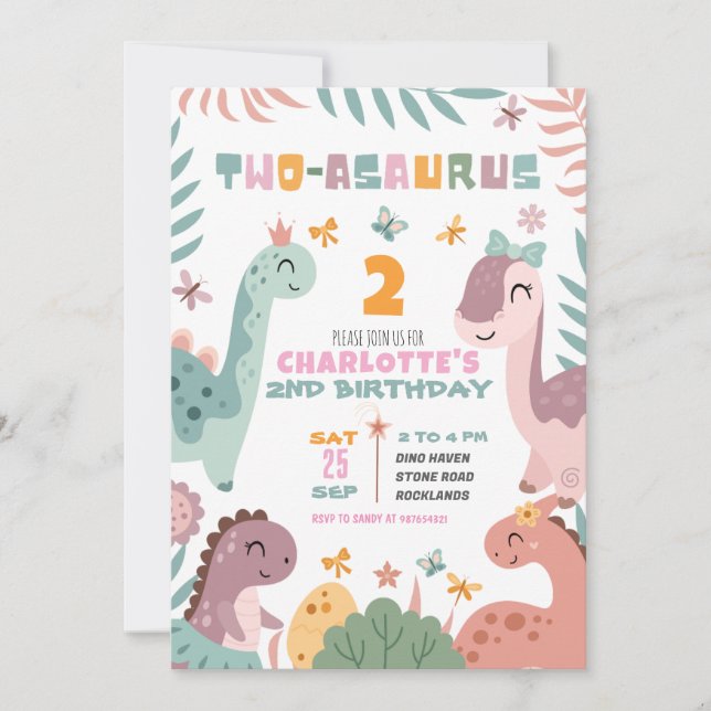 Convites Pastel Girl Dinosaur 2nd Birthday Invitation (Frente)