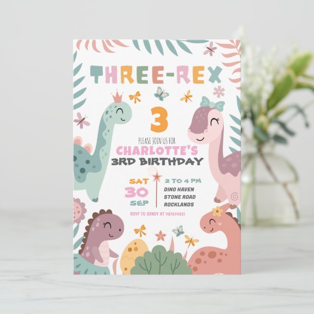 Convites Pastel Girl Dinosaur 3rd Birthday Invitation (Em pé/Frente)