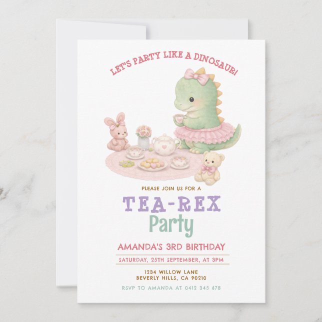 Convites Pastel Girl Dinosaur Tea-Rex 3rd Girl Birthday (Frente)