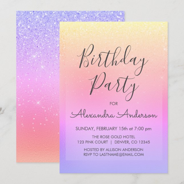 Convites Pastel Girly Glitter Sparkle Qualquer Idade Aniver (Frente/Verso)