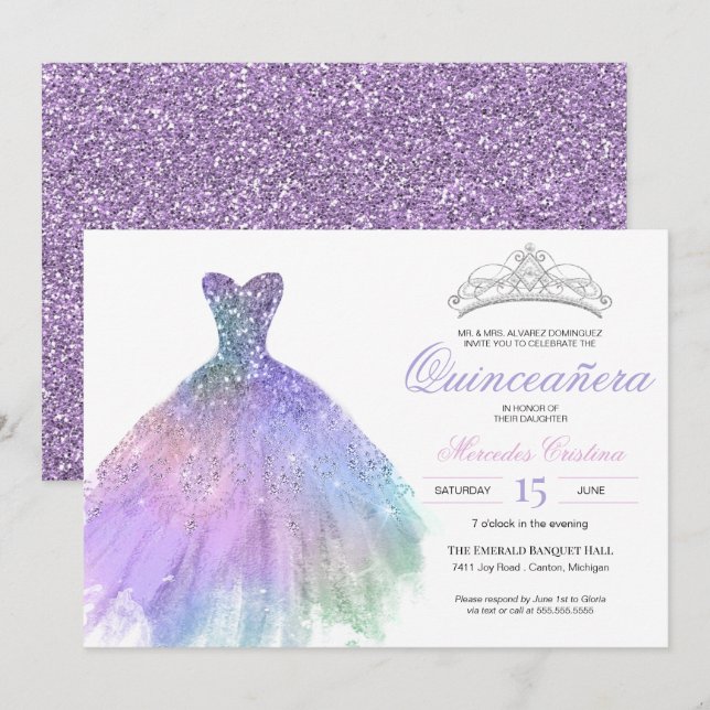 Convites Pastel Glitter Sereia Unicorn Rainbow Quinceañera (Frente/Verso)
